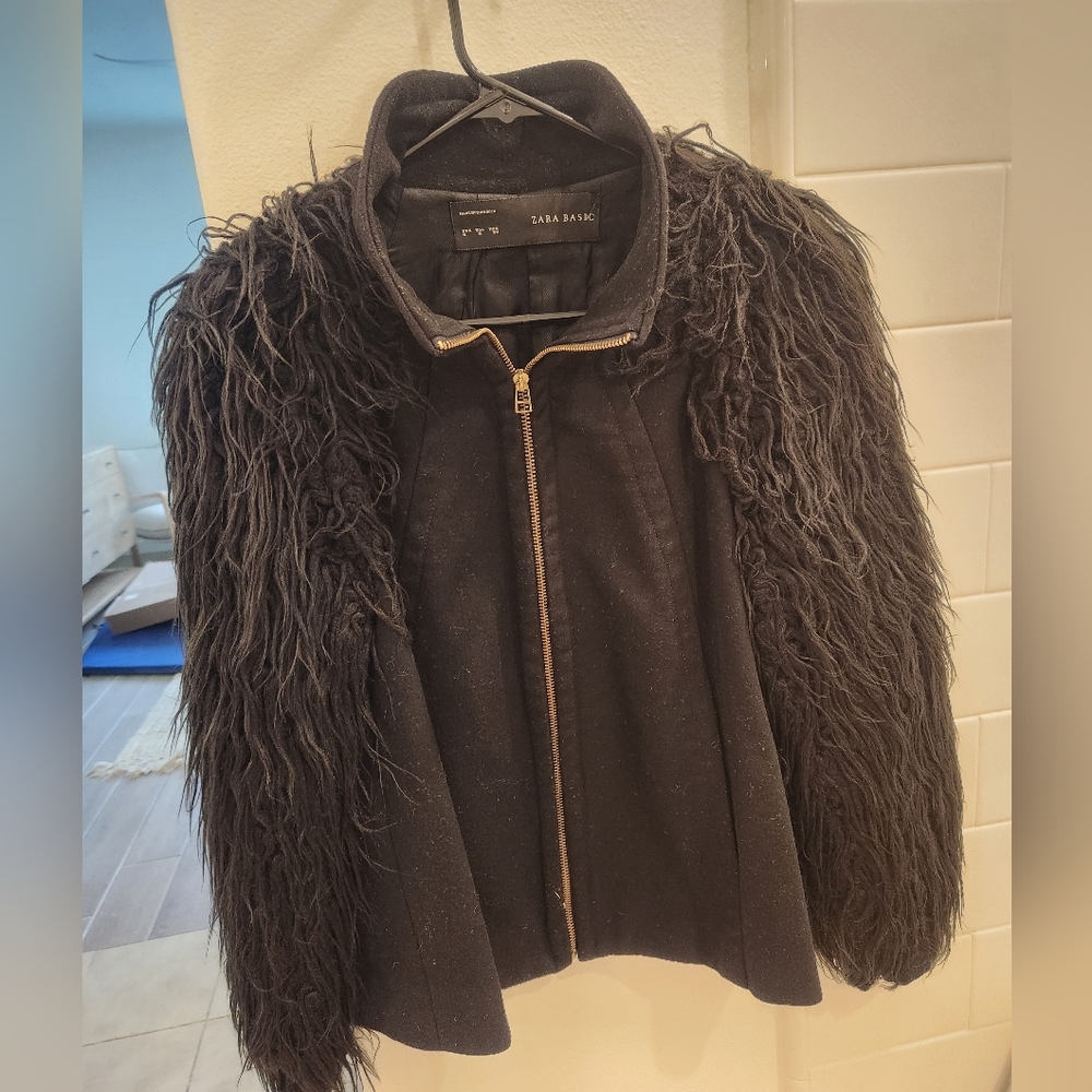 Women's Black Jacket with Faux Fur Sleeves